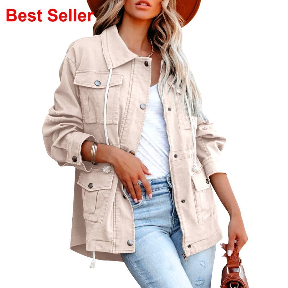 Lightweight Cotton Anorak Jacket with Pockets, Zip Up Snap Buttons, Military